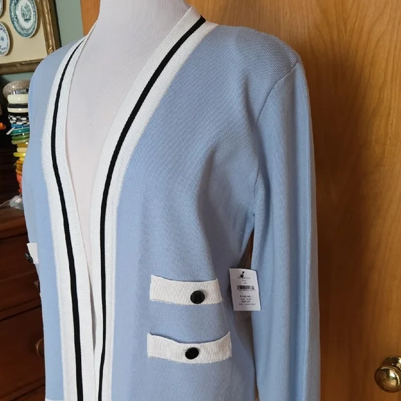 NWT Karl Lagerfeld Open Front Cardigan - Chambray Blue/Soft White - Size M - Picture 2 of 5
